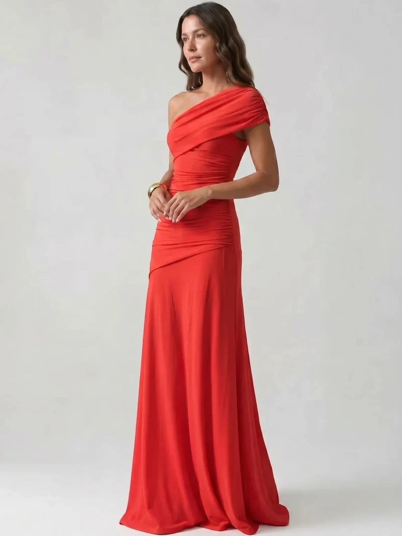 Women's Lightweight Asymmetrical Gathered Dress | Elegant Maxi Cocktail Evening Gown