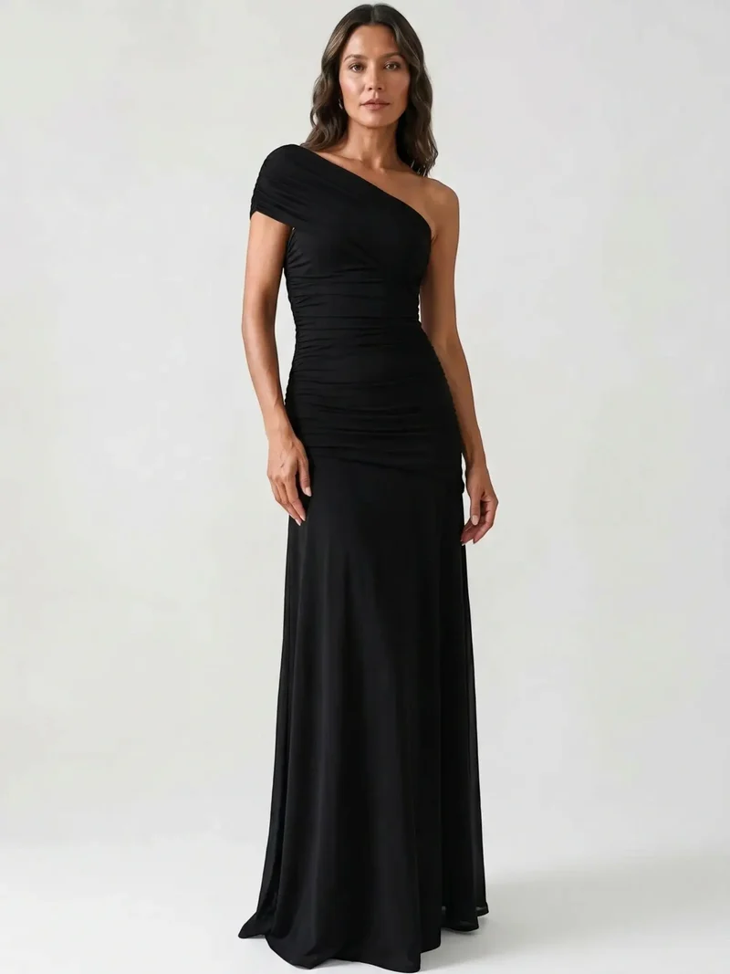 Women's Lightweight Asymmetrical Gathered Dress | Elegant Maxi Cocktail Evening Gown