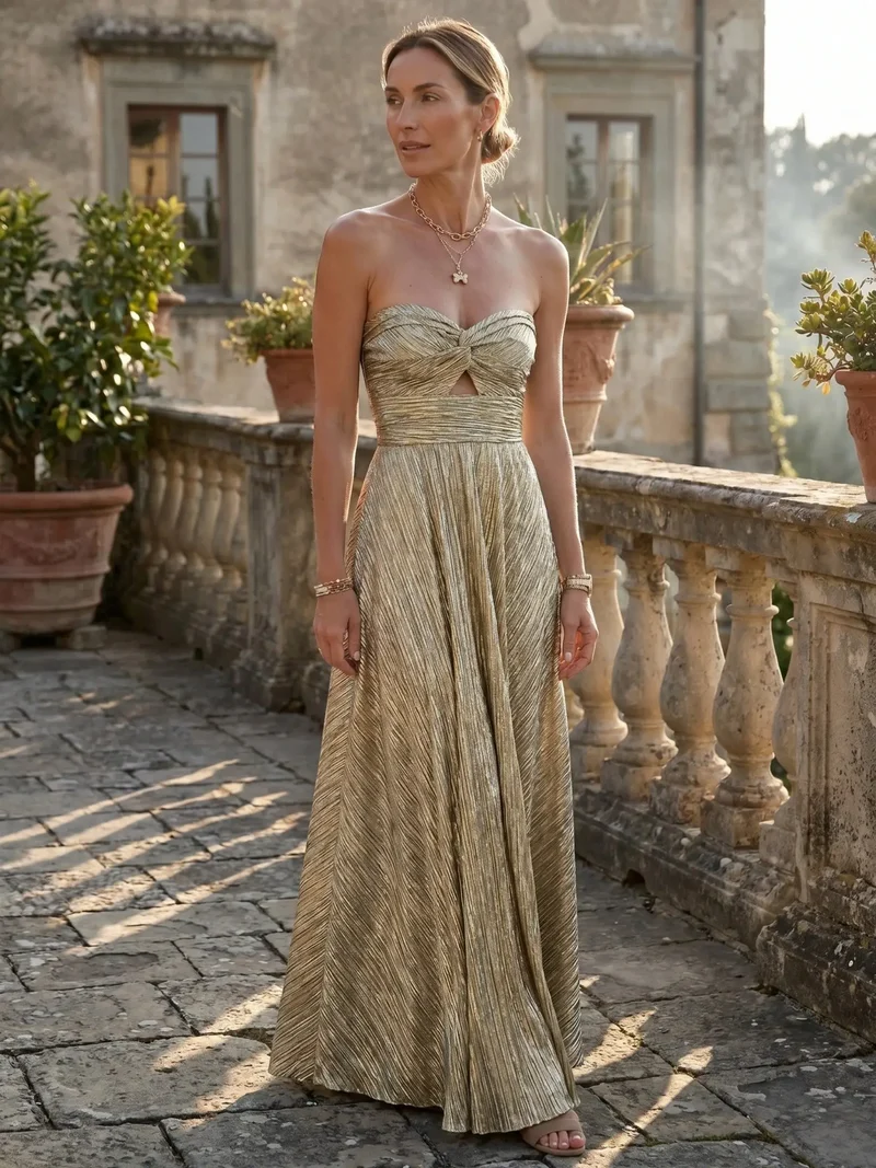 Women's Shiny Fabric Maxi Dress | Elegant Strapless Pleated Evening Gown
