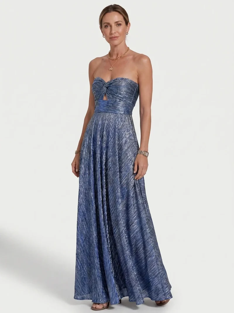 Women's Shiny Fabric Maxi Dress | Elegant Strapless Pleated Evening Gown