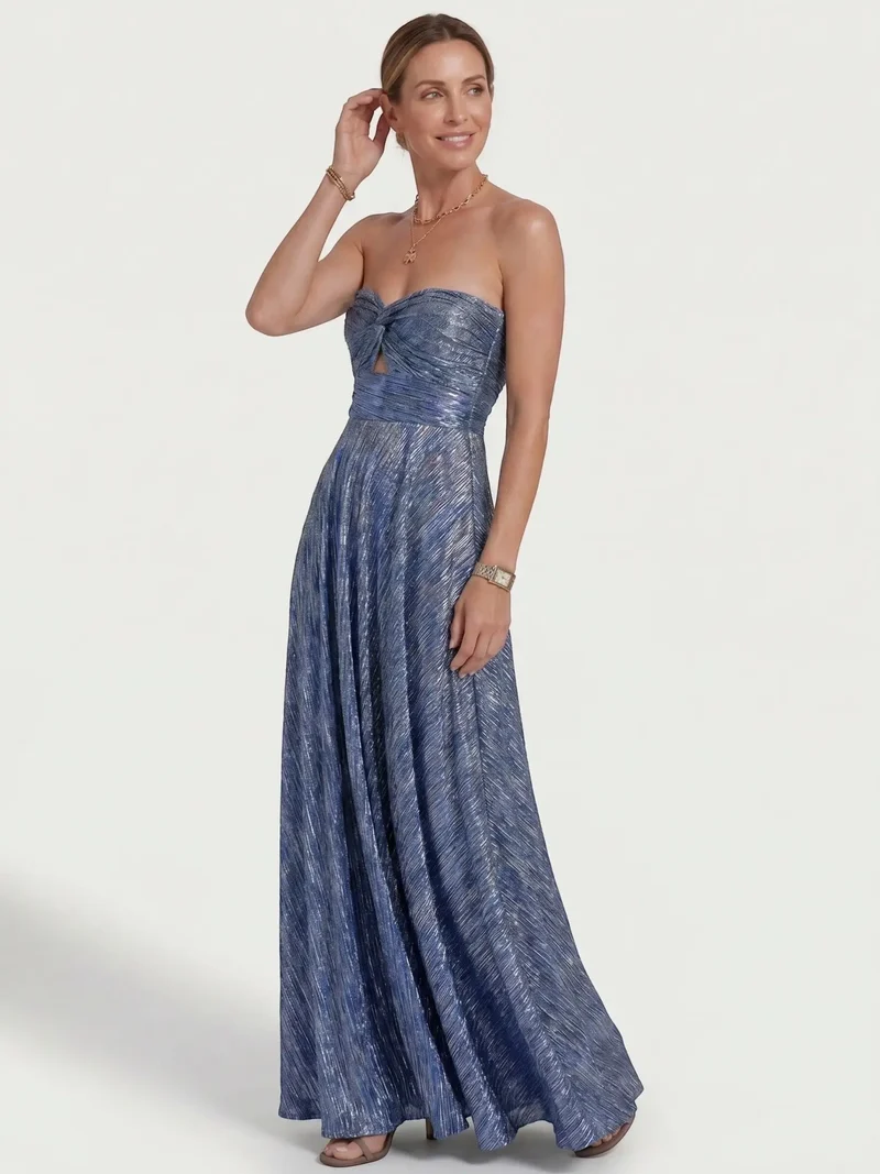 Women's Shiny Fabric Maxi Dress | Elegant Strapless Pleated Evening Gown