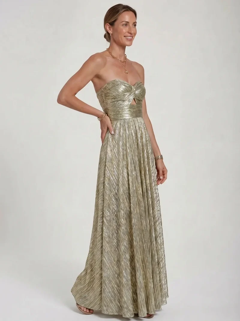 Women's Shiny Fabric Maxi Dress | Elegant Strapless Pleated Evening Gown