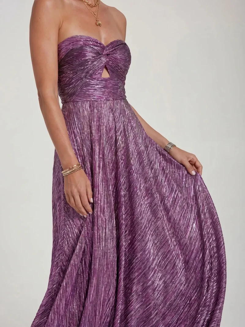 Women's Shiny Fabric Maxi Dress | Elegant Strapless Pleated Evening Gown