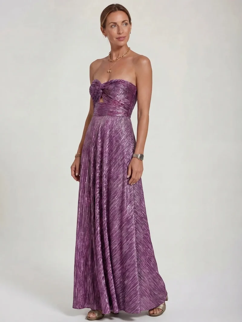 Women's Shiny Fabric Maxi Dress | Elegant Strapless Pleated Evening Gown