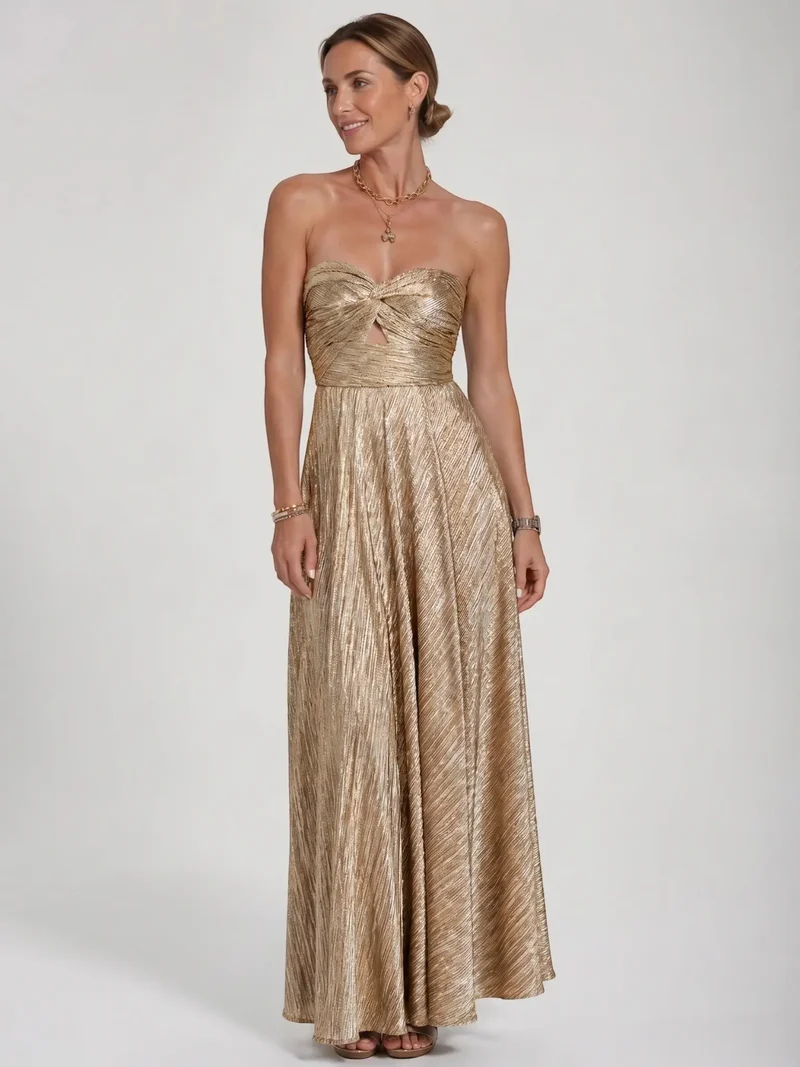 Women's Shiny Fabric Maxi Dress | Elegant Strapless Pleated Evening Gown
