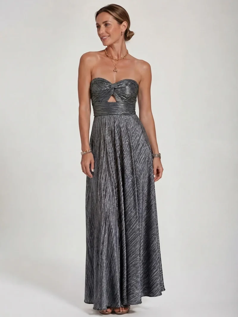 Women's Shiny Fabric Maxi Dress | Elegant Strapless Pleated Evening Gown