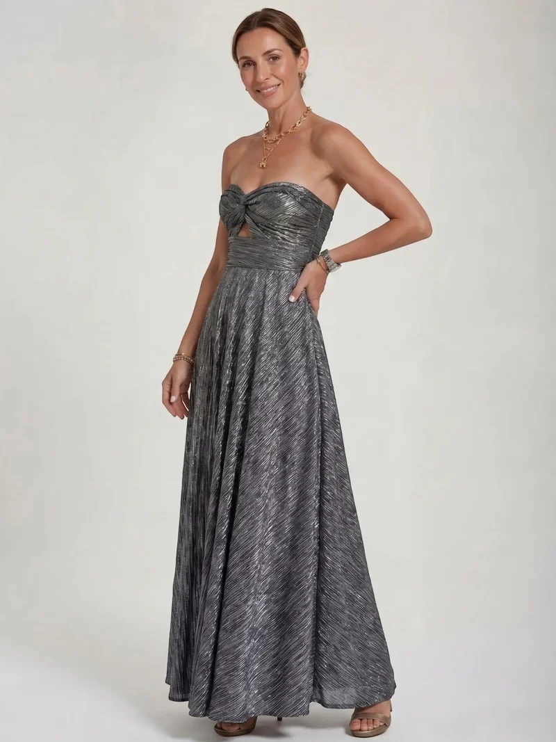 Women's Shiny Fabric Maxi Dress | Elegant Strapless Pleated Evening Gown