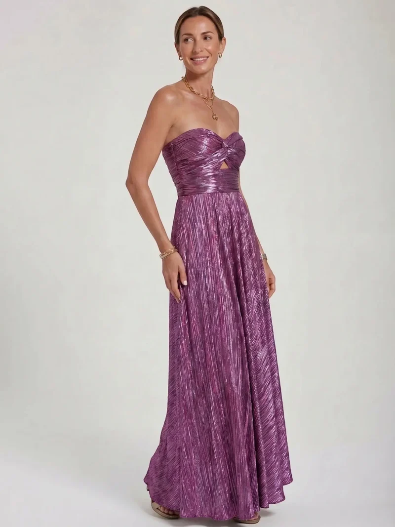 Women's Shiny Fabric Maxi Dress | Elegant Strapless Pleated Evening Gown