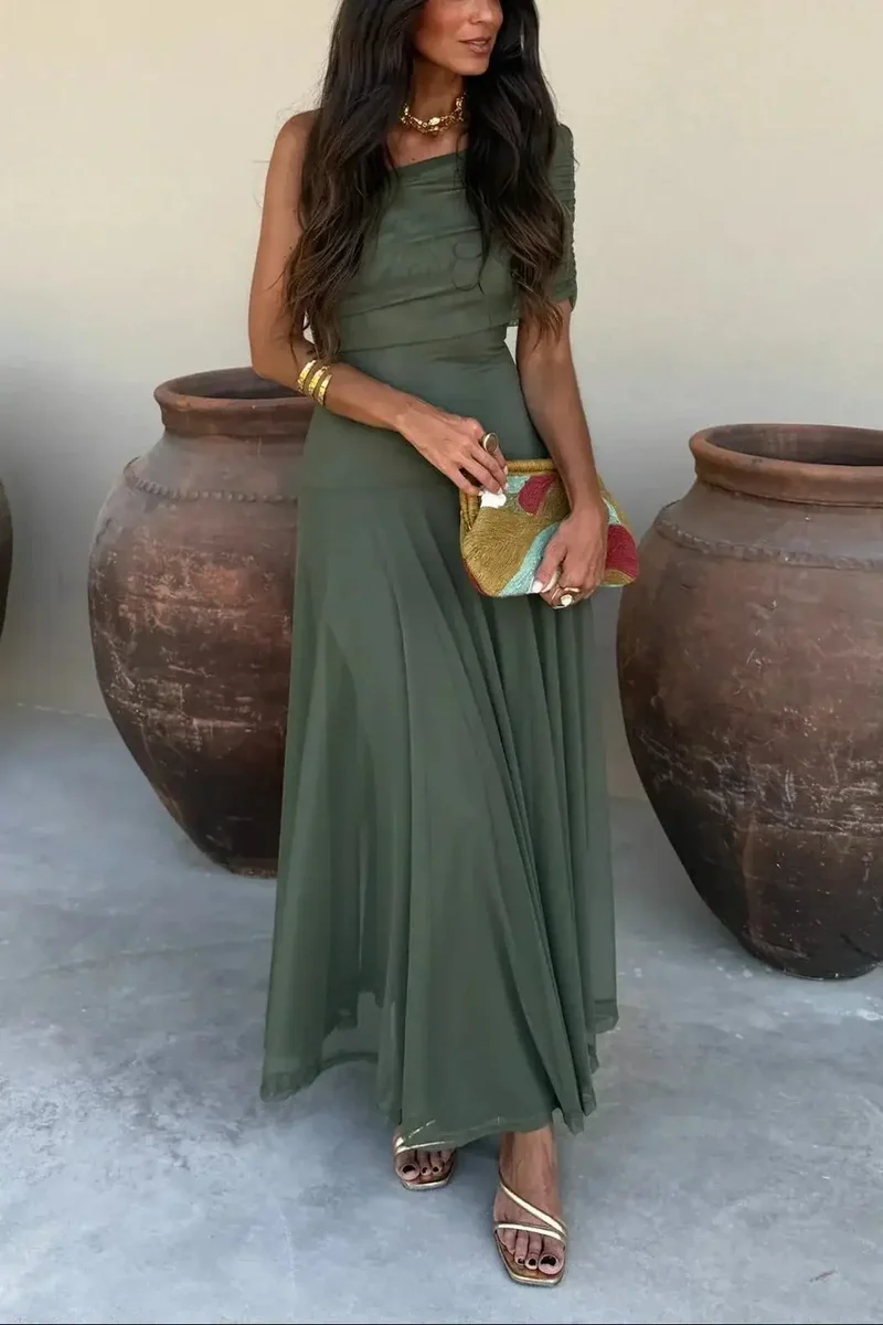 Women's Pleated Maxi Dress | Flowing Asymmetrical Summer Gown