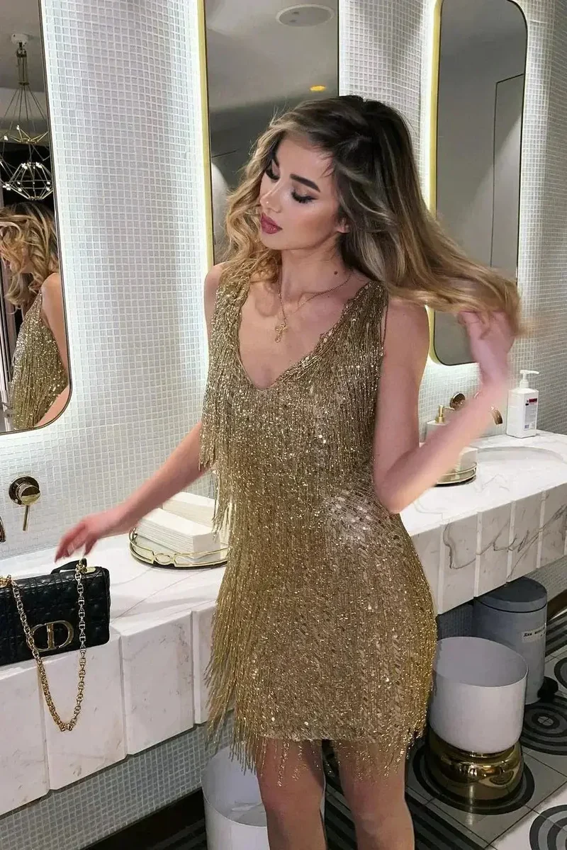 Women's Sequin Cocktail Dress | Eye-Catching Short Fringe Evening Gown