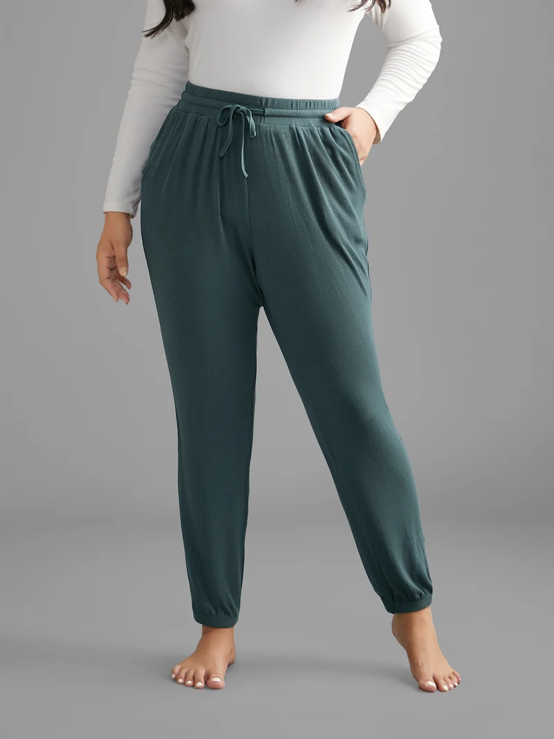 Solid Rib Knit Drawstring Lounge Bottoms