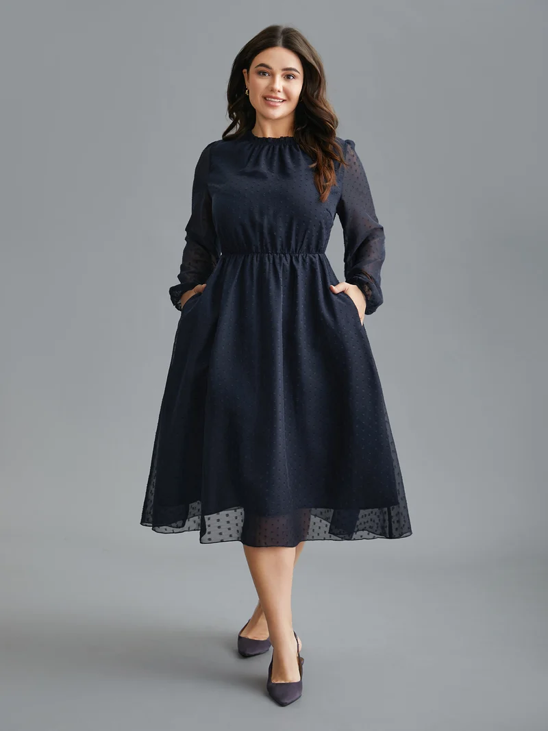 Mock Neck Sheer Sleeves Chiffon Midi Dress