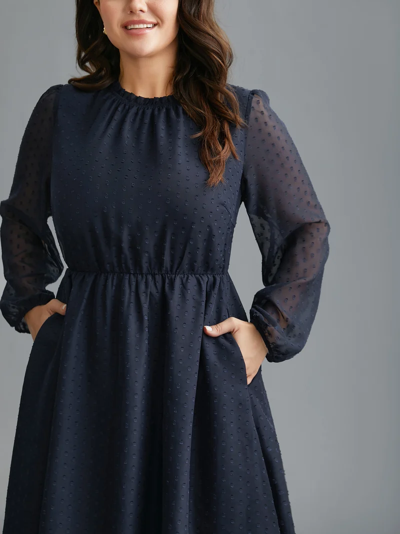 Mock Neck Sheer Sleeves Chiffon Midi Dress