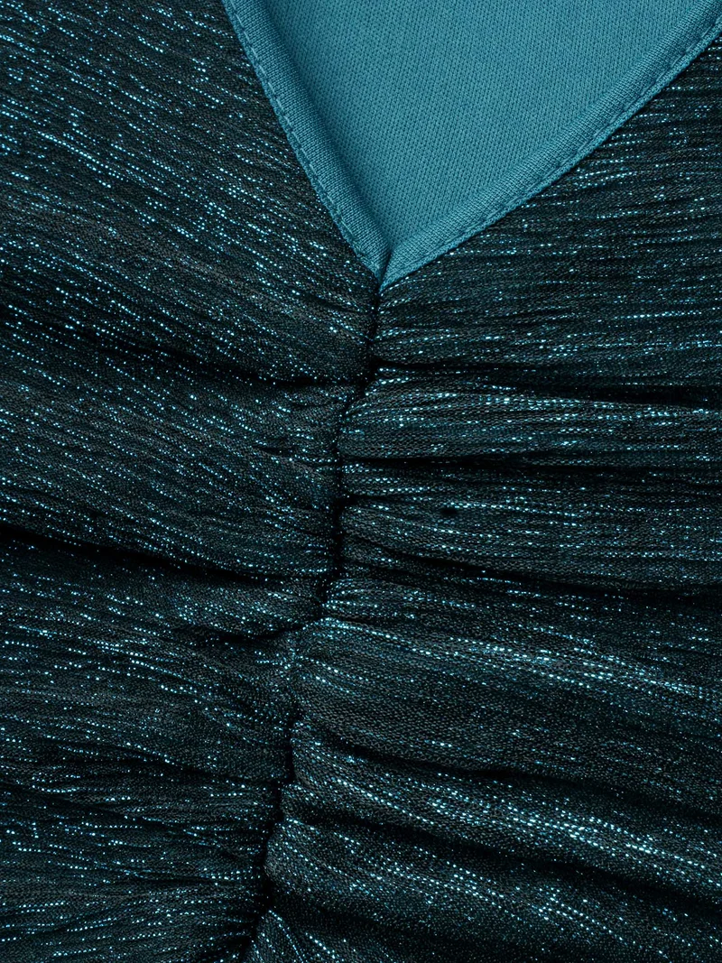 Luxe V Neck Ruched Mesh Dress