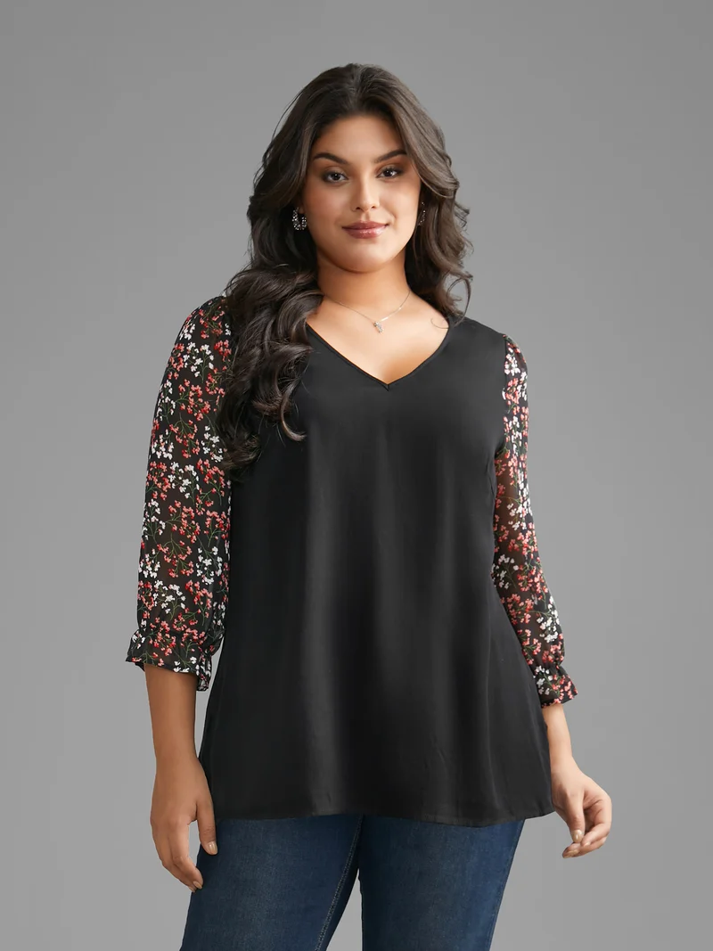 V Neck Ditsy Floral Patchwork Blouse
