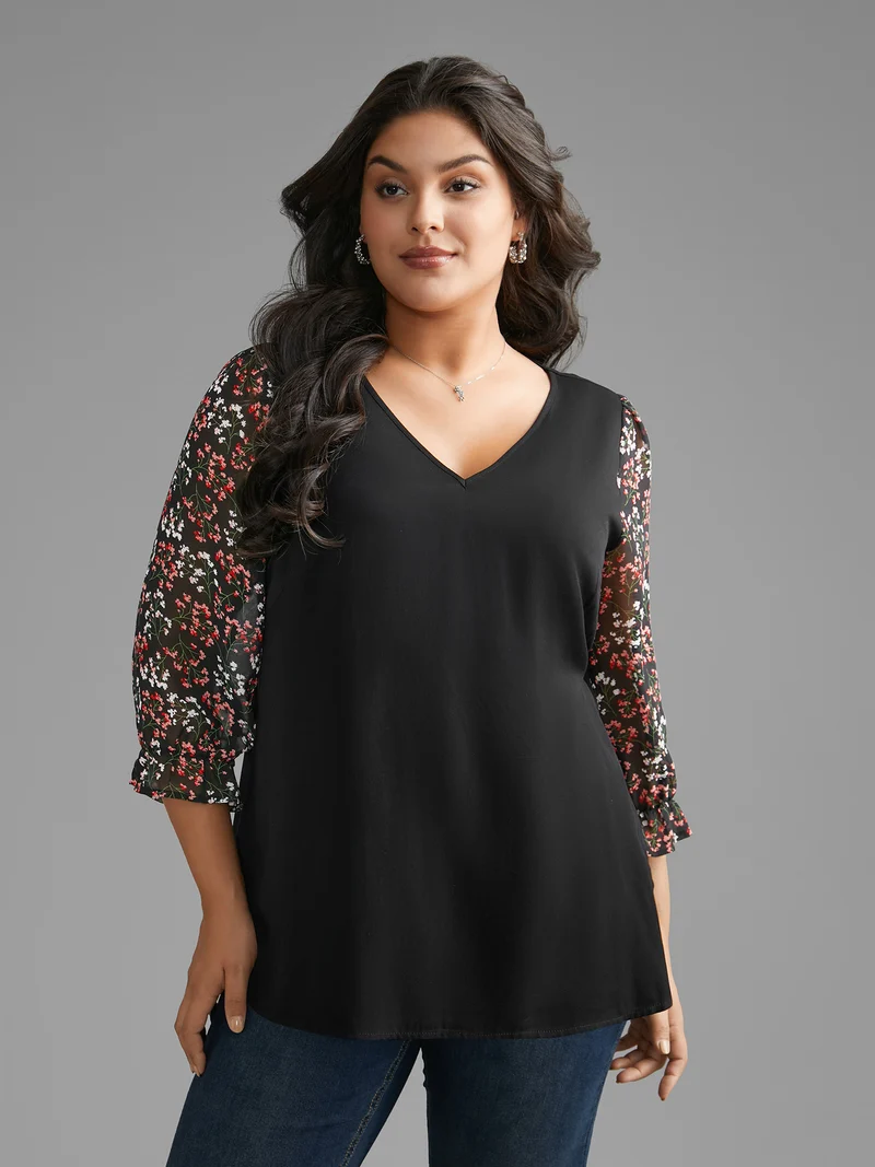 V Neck Ditsy Floral Patchwork Blouse