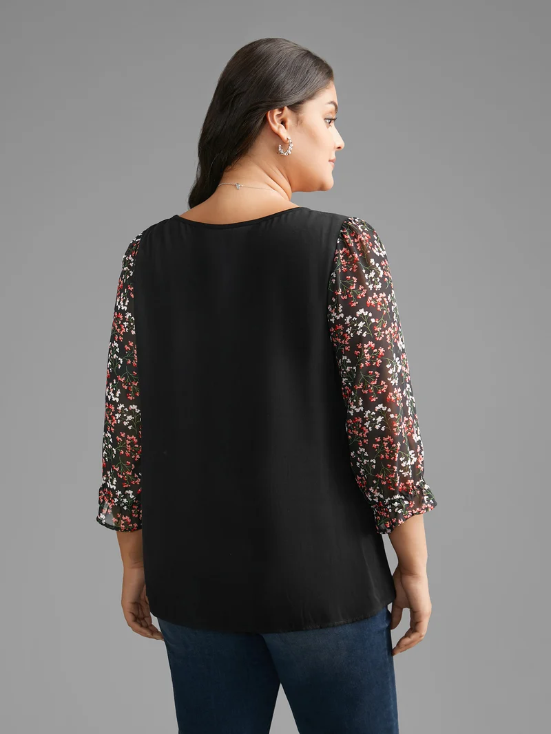 V Neck Ditsy Floral Patchwork Blouse