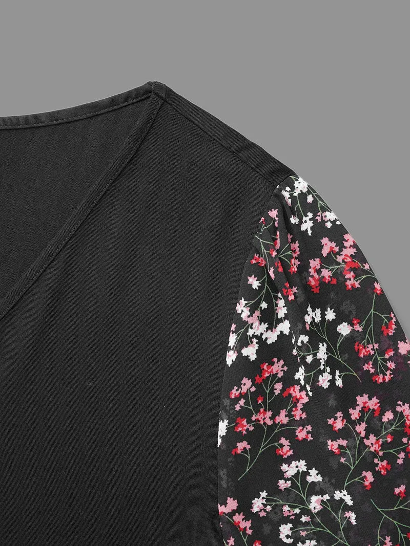 V Neck Ditsy Floral Patchwork Blouse