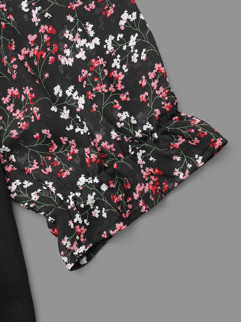 V Neck Ditsy Floral Patchwork Blouse