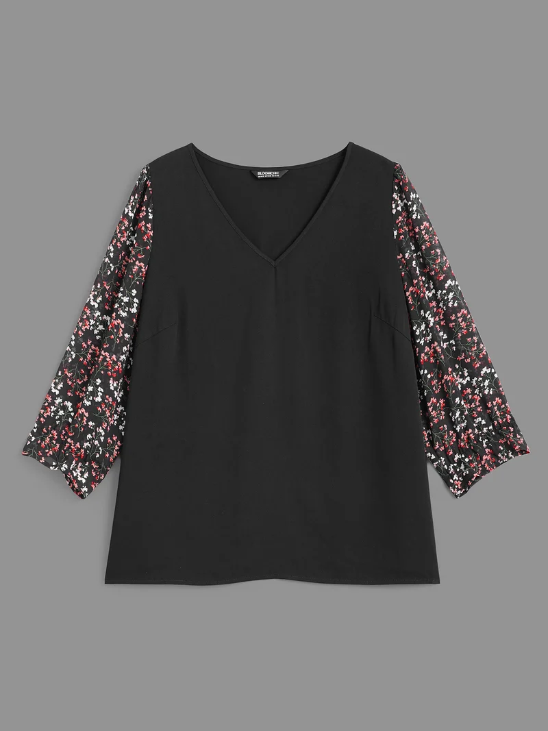 V Neck Ditsy Floral Patchwork Blouse