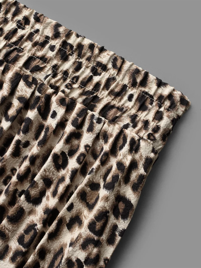 Leopard Print Pleated Elastic Waist Skirt