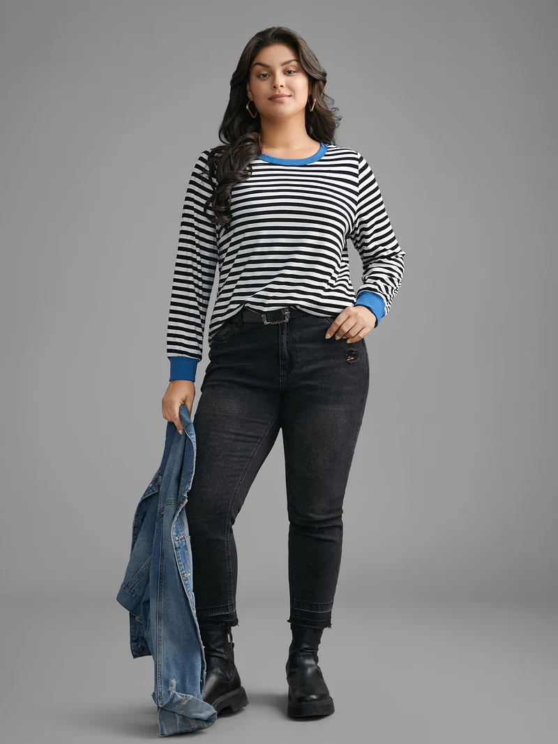 Crew Neck Striped Contrast T-shirt