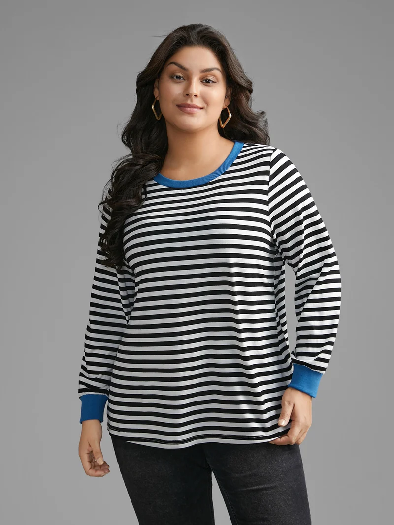 Crew Neck Striped Contrast T-shirt