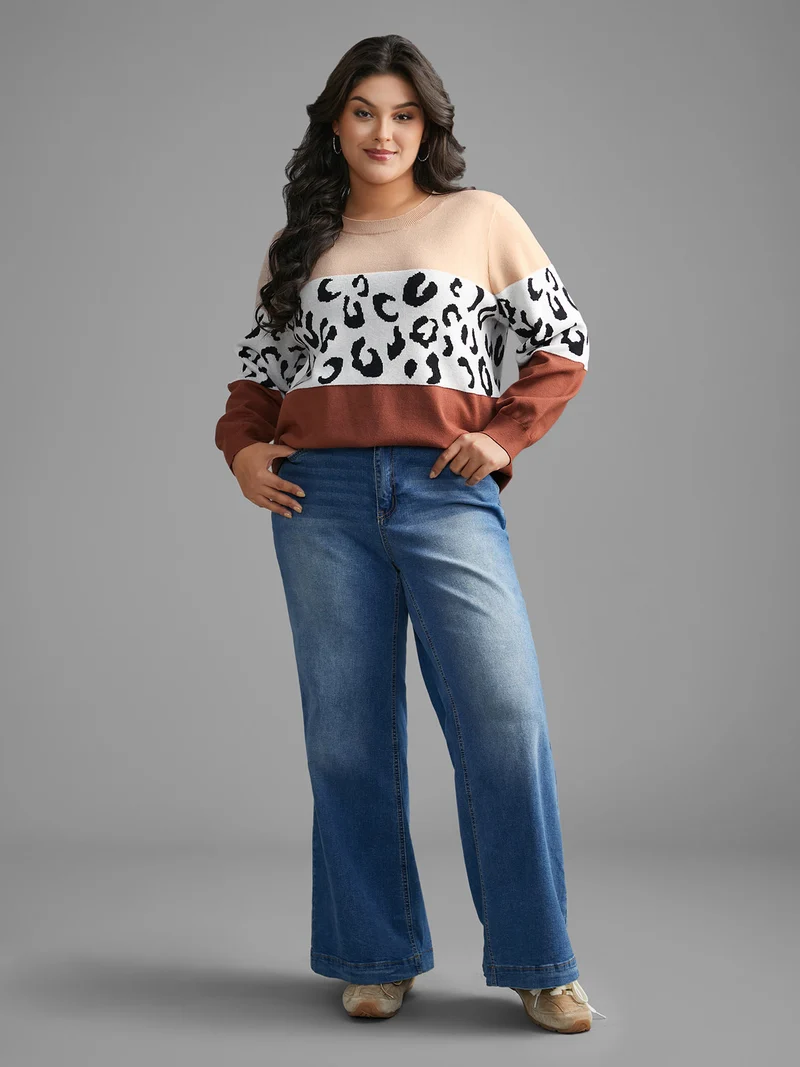 Crew Neck Leopard Print Contrast Pullover