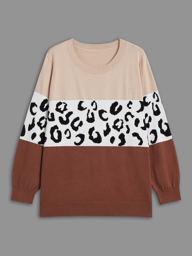 Crew Neck Leopard Print Contrast Pullover