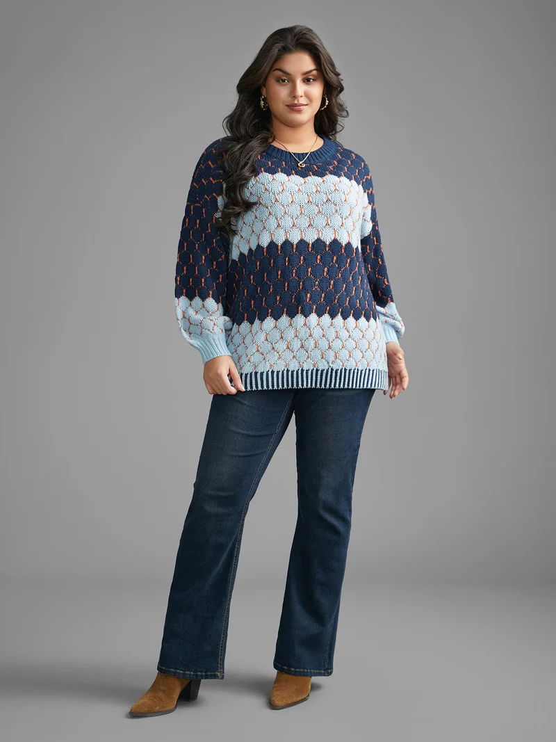 Textured Colorblock Contrast Round Neck Pullover