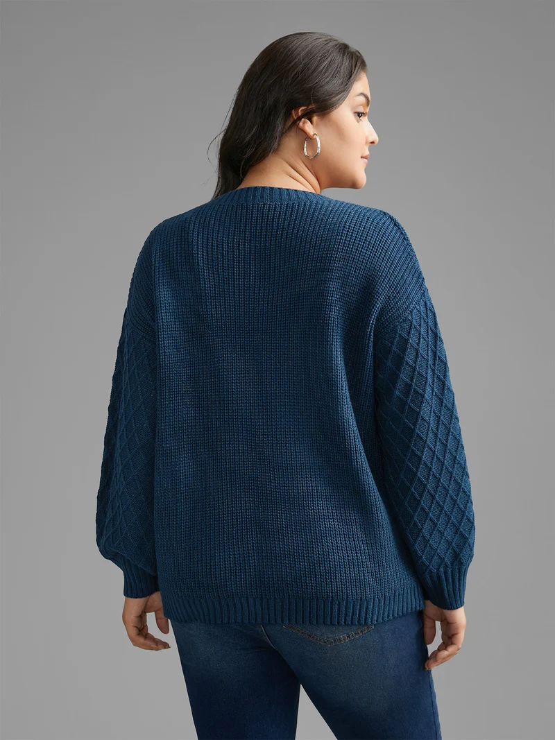 Cable Knit Texture Lantern Sleeve Pullover