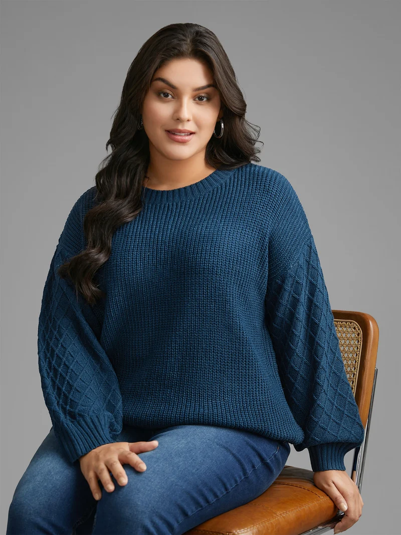 Cable Knit Texture Lantern Sleeve Pullover