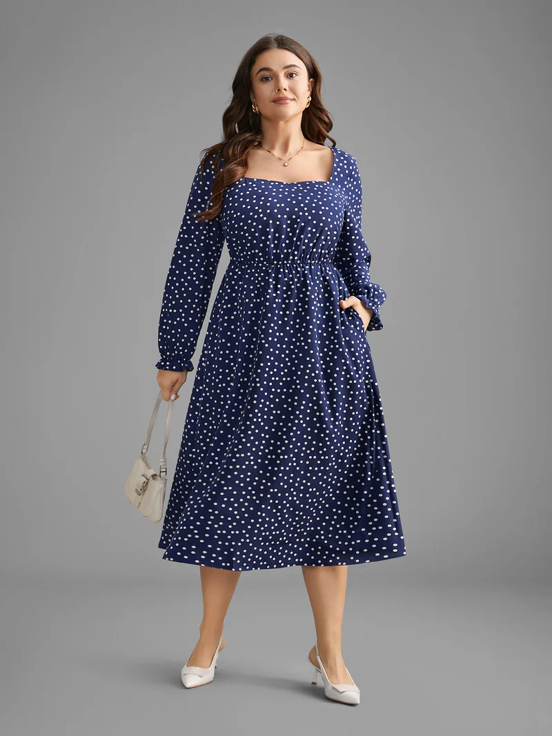 Polka Dot Heart Neckline Midi Dress