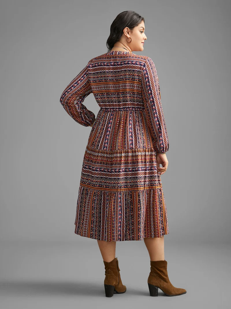 Bandana Striped Ruffle Layered Hem Dress