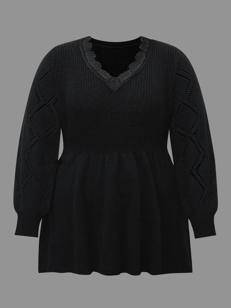 V Neck Lace Panel Lantern Sleeve Pullover