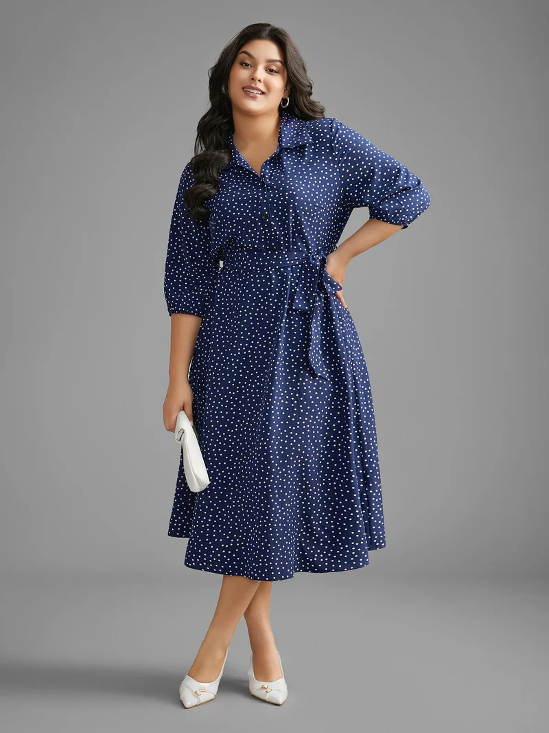 Polka Dot Shirt Collar Belted Dress