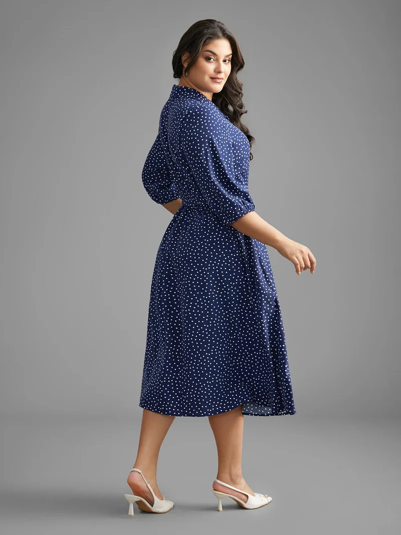 Polka Dot Shirt Collar Belted Dress