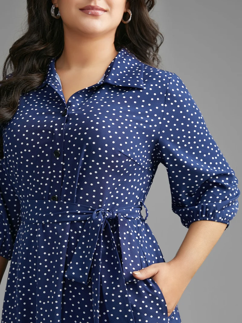 Polka Dot Shirt Collar Belted Dress