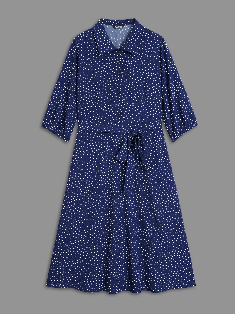 Polka Dot Shirt Collar Belted Dress