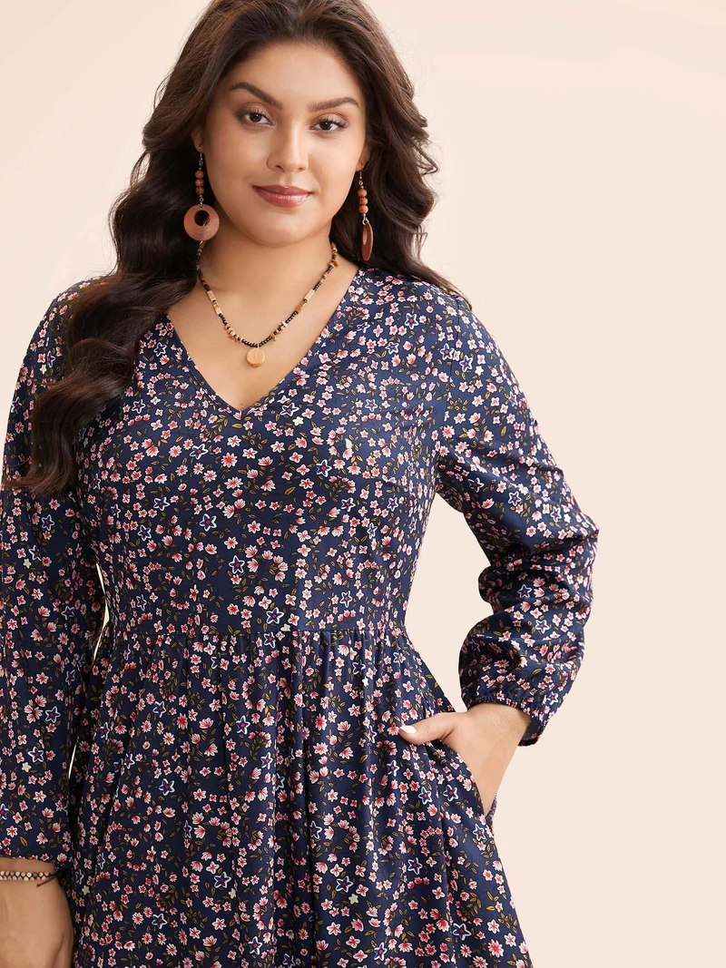 Boho Print Lantern Sleeve Midi Dress