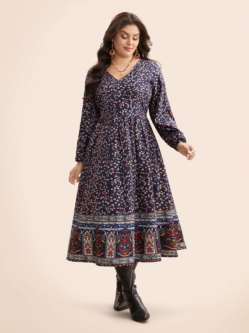 Boho Print Lantern Sleeve Midi Dress