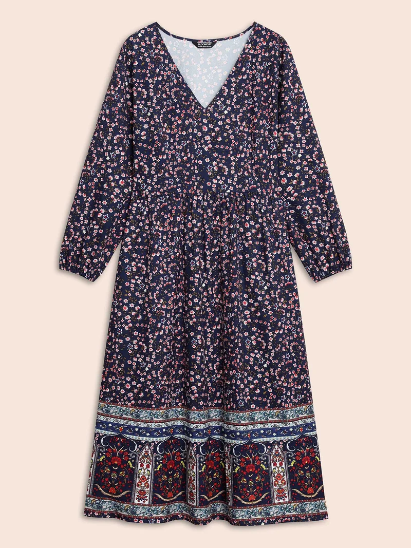 Boho Print Lantern Sleeve Midi Dress