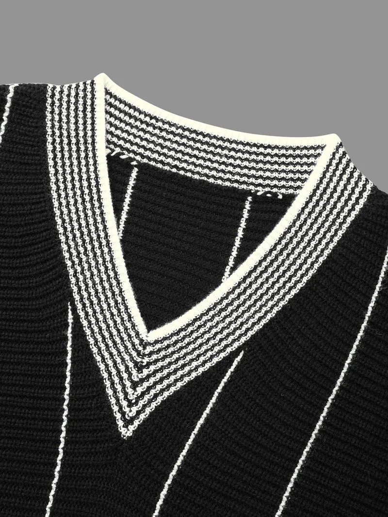 Texture Contrast Striped Lantern Sleeve Pullover