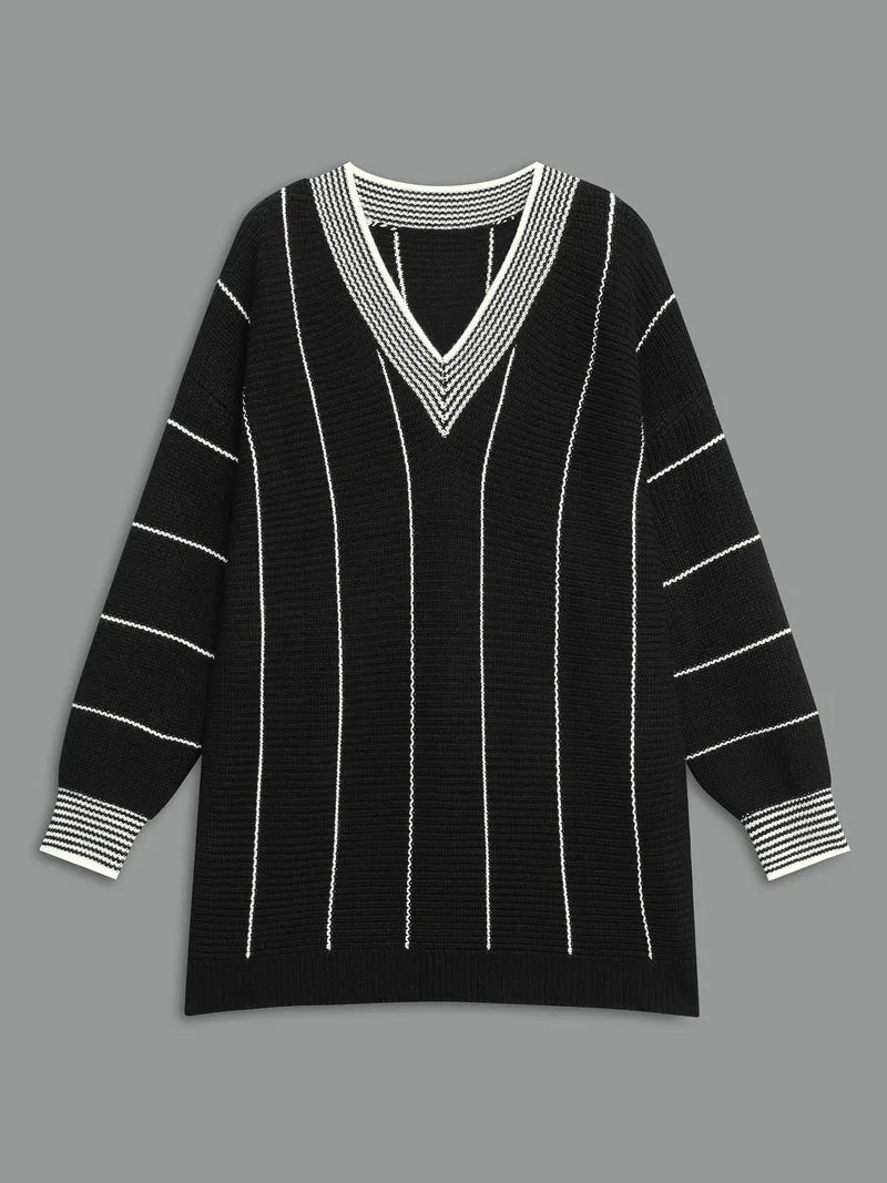 Texture Contrast Striped Lantern Sleeve Pullover