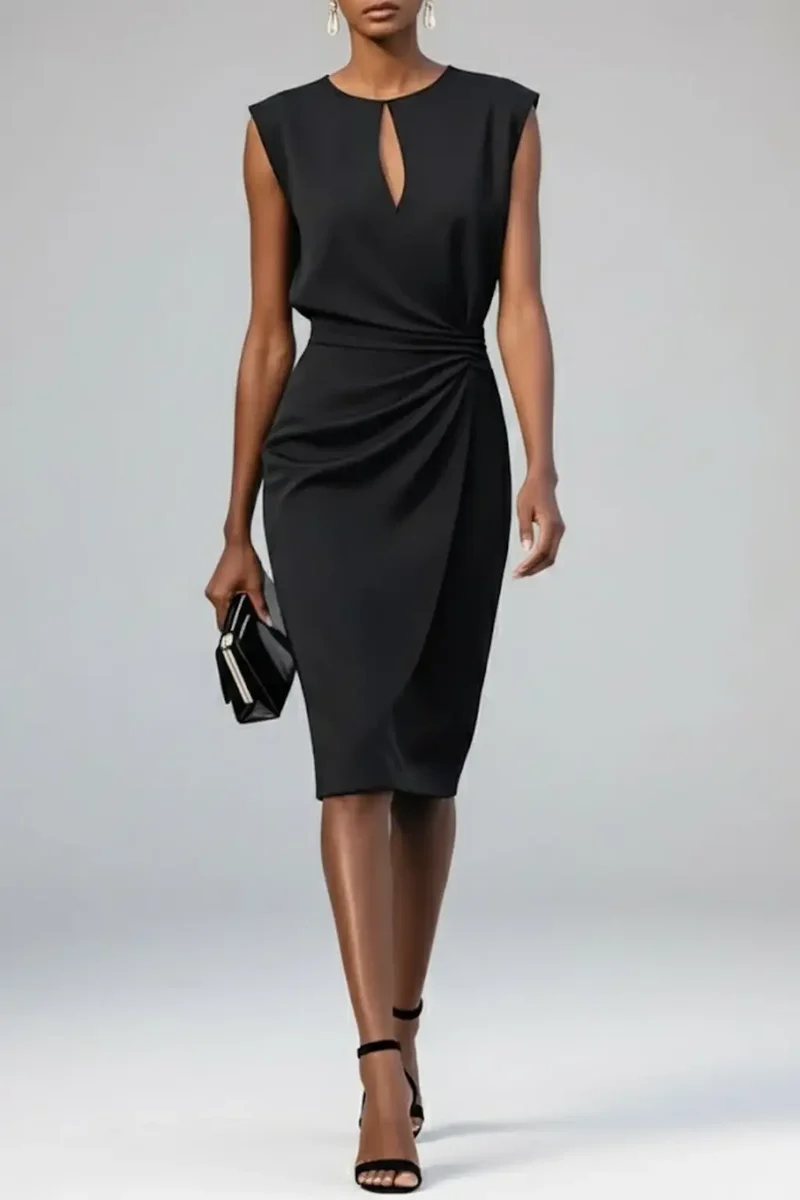 Women's Soft Fabric Midi Dress | Elegant Keyhole Neck Cocktail Dress with Ruched Waist