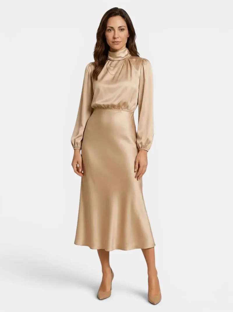 Women's Lustrous Midi Dress | Elegant High Neck Flared Cocktail Dress
