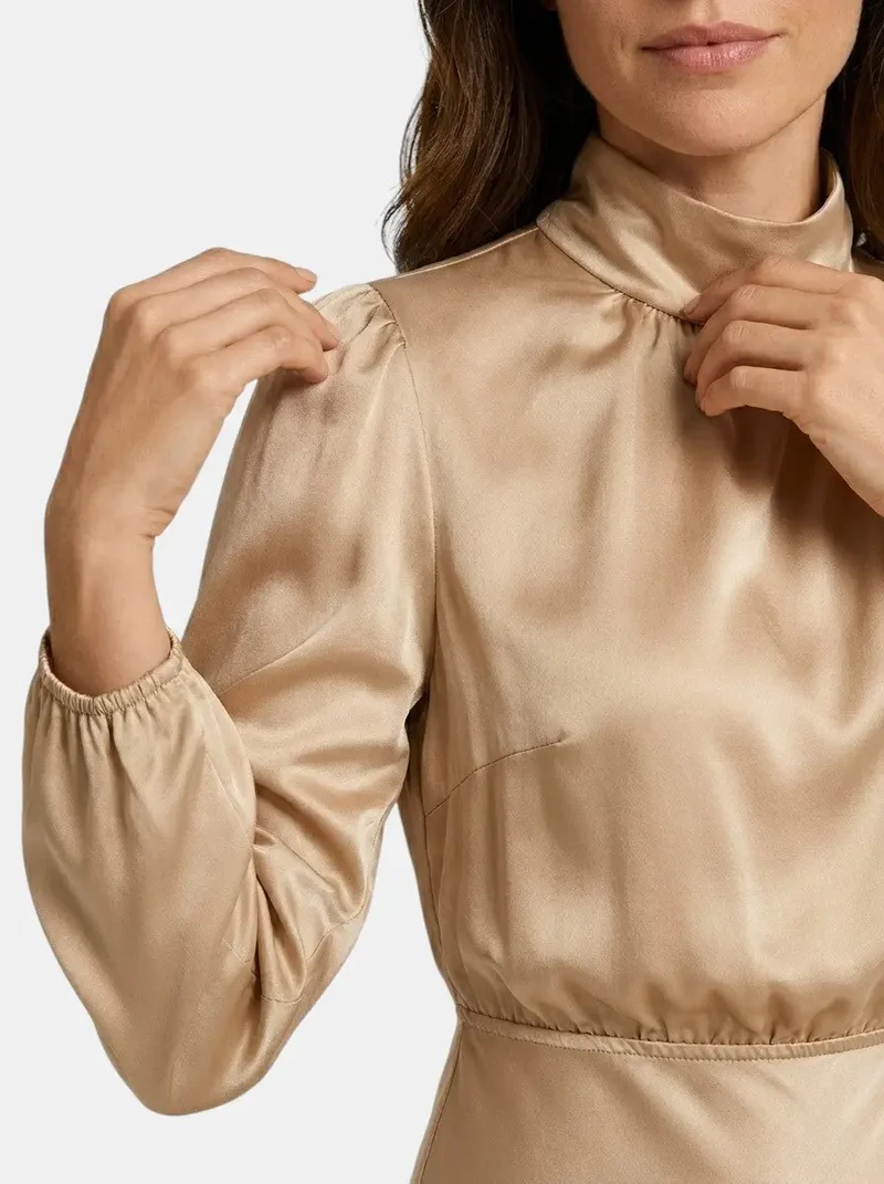 Women's Lustrous Midi Dress | Elegant High Neck Flared Cocktail Dress