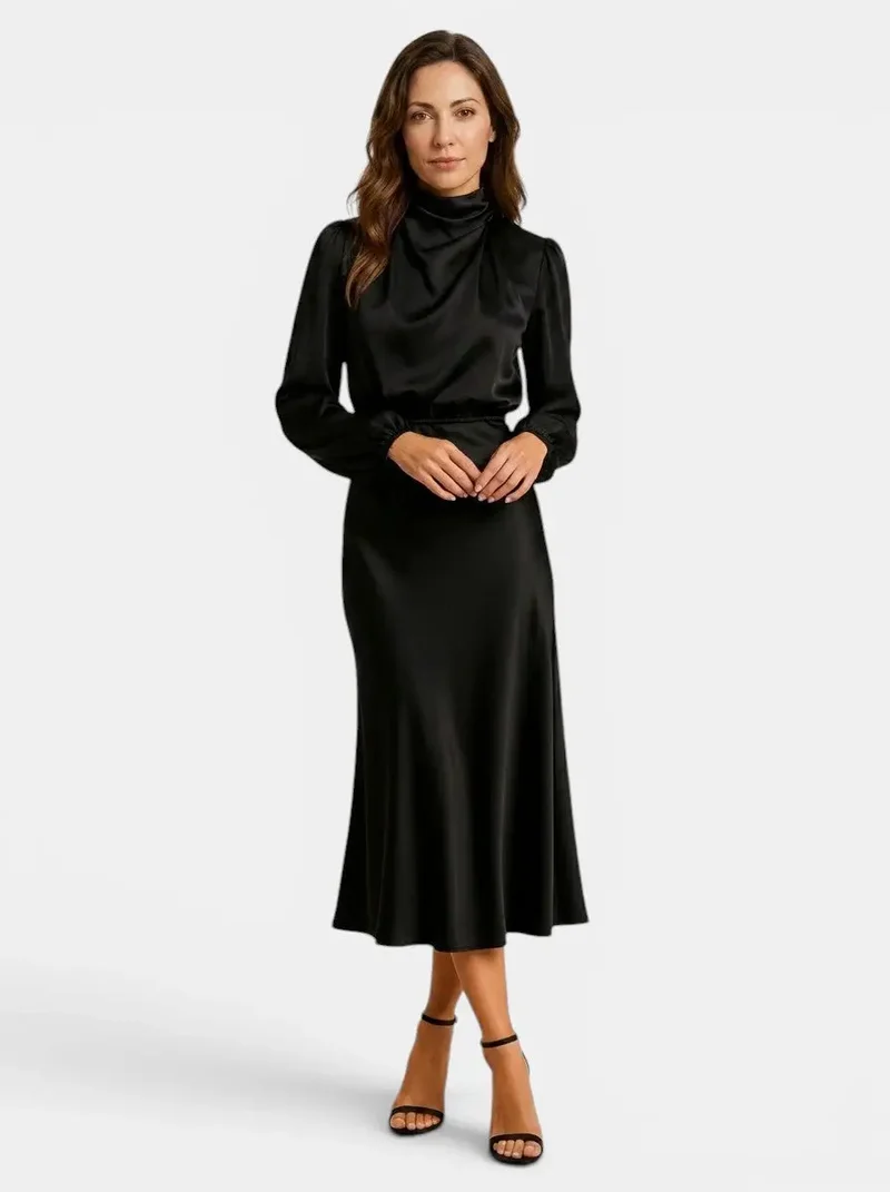 Women's Lustrous Midi Dress | Elegant High Neck Flared Cocktail Dress