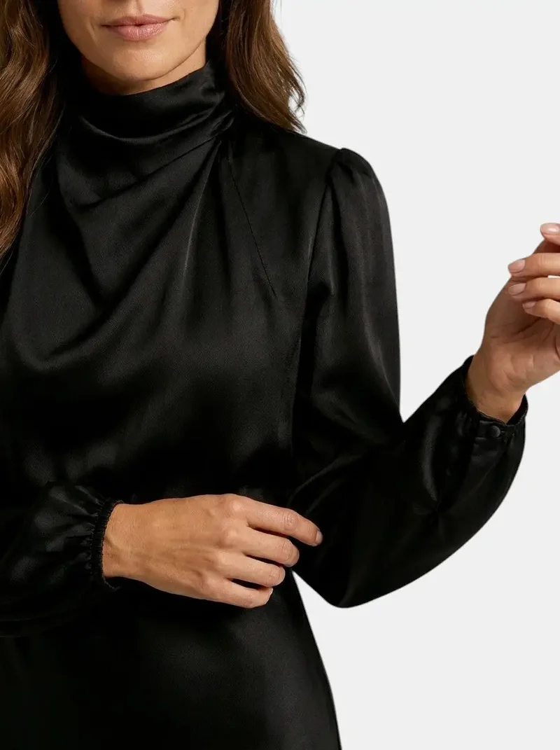 Women's Lustrous Midi Dress | Elegant High Neck Flared Cocktail Dress