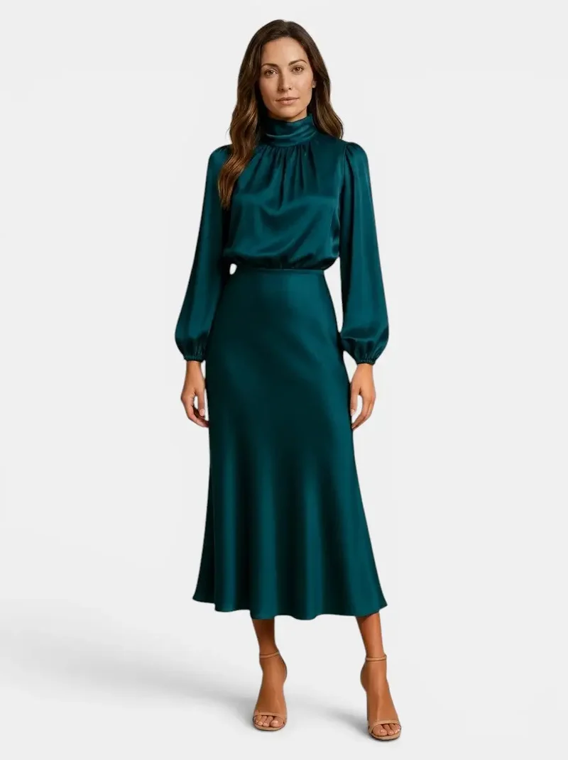 Women's Lustrous Midi Dress | Elegant High Neck Flared Cocktail Dress